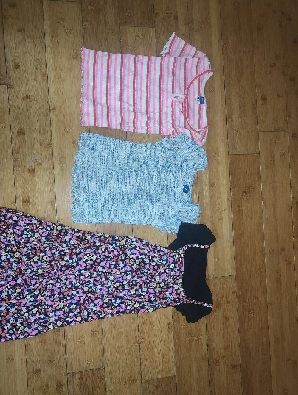 Old Navy Pink & White Striped Tee, Blue Textured Top, and Black Floral Dress Set